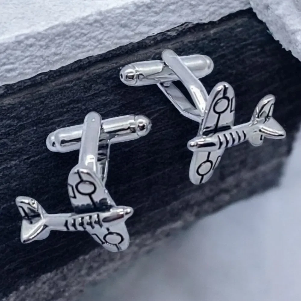Men's Airplane Silver Cufflinks Tuxedo Formal Shaped Cuff Links Aviation Pilot